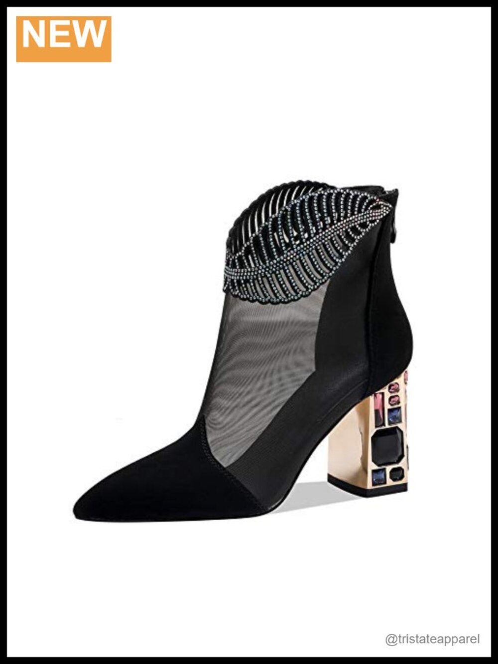 Chunky Heel Ankle Boots with Rhinestone Jewelry Pointed Toe Zip